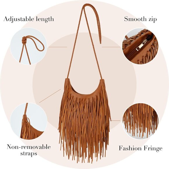 Vintage Fringe Hobo Bags for Women Vegan Leather Tassel Crossbody Bag Western Hi - Picture 3 of 8